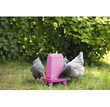 Hühnerfutterautomat aus Kunststoff für Geflügel im Garten, genutzt von Hühnern auf einer Wiese.