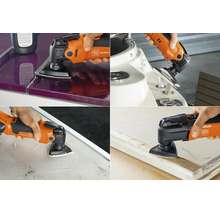 Fein Multifunktionswerkzeug beim Schleifen und Trennen verschiedener Materialien wie Holz und Kunststoff bei unterschiedlichen Montagearbeiten.