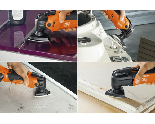 Fein Multifunktionswerkzeug beim Schleifen und Trennen verschiedener Materialien wie Holz und Kunststoff bei unterschiedlichen Montagearbeiten.