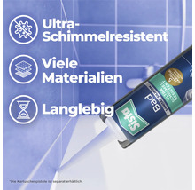 Sista Bad Sanitärsilikon Kartusche mit Symbolen für Schimmelresistenz, Materialeignung und Langlebigkeit in einem Badezimmer.
