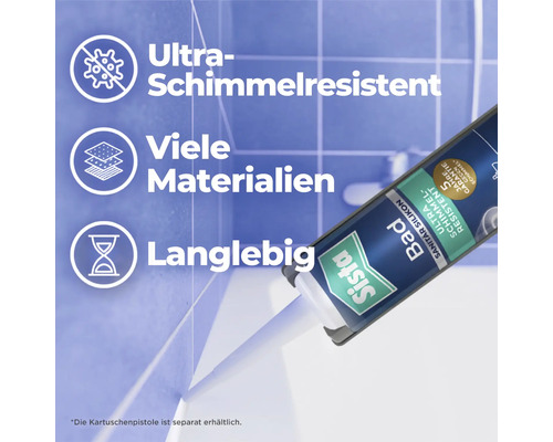 Sista Bad Sanitärsilikon Kartusche mit Symbolen für Schimmelresistenz, Materialeignung und Langlebigkeit in einem Badezimmer.