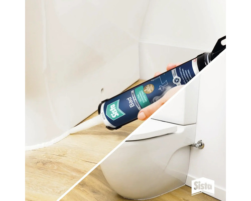 Eine Hand trägt mit einer Kartuschenpistole Sista Bad Sanitär Silikon auf eine Fuge an einer Toilette auf.