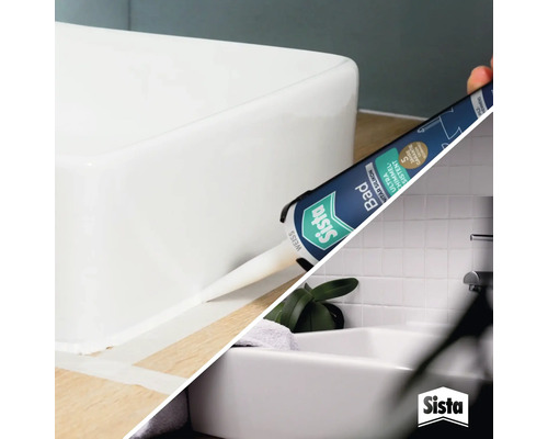 Sista Bad Sanitärsilikon Kartusche beim Auftragen der Fuge an einem Waschbecken im Badezimmer
