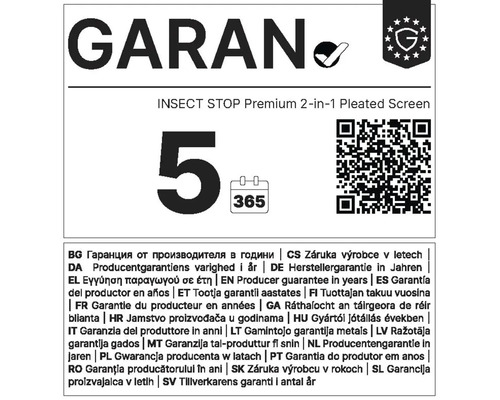 Garantiesiegel für Insect Stop Premium 2 in 1 Plisseeschutz mit 5 Jahren Herstellergarantie und QR Code.