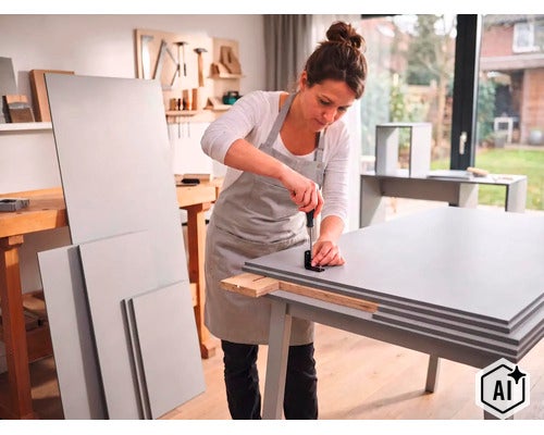 Eine Frau montiert in einer hellen Werkstatt Möbelbauteile aus Holz mit einem Schraubendreher an einem Werktisch. (Image AI modified or generated)