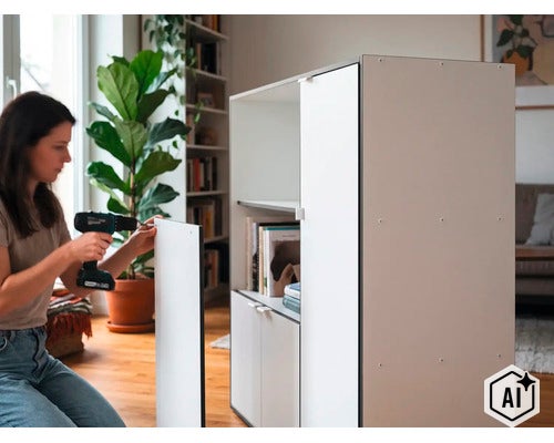 Eine Frau montiert einen Schrank mit einem Akku-Schrauber in einem hellen Wohnzimmer. (Image AI modified or generated)