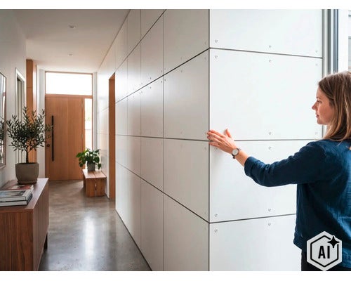 Moderne Flurwand mit großformatigen Wandpaneelen und sichtbarer Verschraubung in einem hellen, wohnlich gestalteten Eingangsbereich. (Image AI modified or generated)
