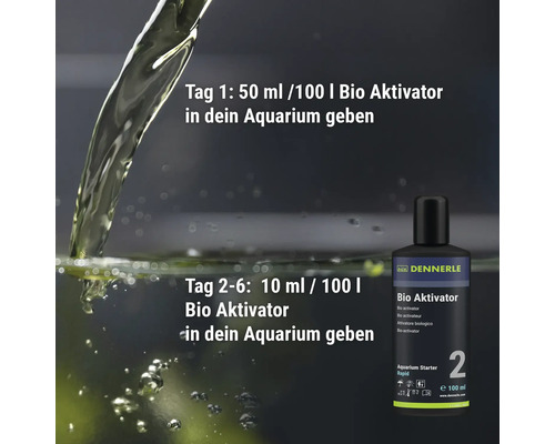 Dennerle Bio Aktivator Flasche mit Anwendungshinweisen zur Zugabe in das Aquarium.