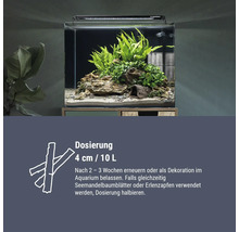 Aquarium mit Wasserpflanzen und Dekoration, dazu Dosieranleitung für Aquariumzusätze mit Hinweisen zur Anwendung und Wechselintervallen.