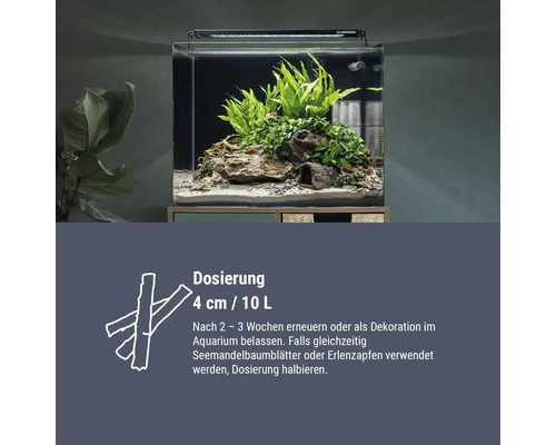 Aquarium mit Wasserpflanzen und Dekoration, dazu Dosieranleitung für Aquariumzusätze mit Hinweisen zur Anwendung und Wechselintervallen.