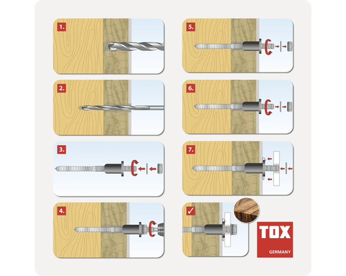 Schritt für Schritt Montageanleitung für einen TOX Befestigungsanker in eine Wand mit Holzunterkonstruktion.