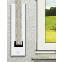 Rollladengurtwickler mit gewebtem Gurtband für die Montage an der Wand neben einem Fenster.