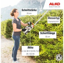 Eine Frau nutzt eine AL-KO Akku Heckenschere mit Diamantschliff Messer, 55 Zentimeter Schnittlänge und 20 Millimeter Schnittstärke im Garten. (Image AI modified or generated)