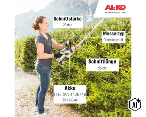 Eine Frau nutzt eine AL-KO Akku Heckenschere mit Diamantschliff Messer, 55 Zentimeter Schnittlänge und 20 Millimeter Schnittstärke im Garten. (Image AI modified or generated)