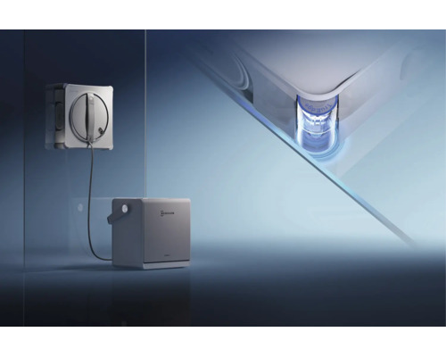 Ecovacs Fensterputzroboter bei der Reinigung einer Glasscheibe mit separater Basisstation und Detailansicht der Eckreinigungstechnologie.