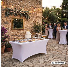 Festliche Gartenevent Dekoration mit Stehtischen und Buffettisch mit weißer Stretchhusse vor einer Natursteinmauer und Lichterkette.