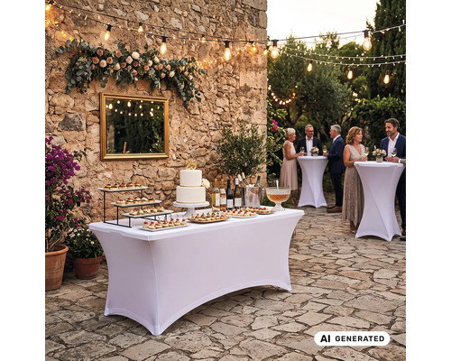Festliche Gartenevent Dekoration mit Stehtischen und Buffettisch mit weißer Stretchhusse vor einer Natursteinmauer und Lichterkette.