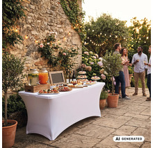 Gartenparty mit Buffet auf einem Stehtisch mit weißer Hussen-Abdeckung vor einer rustikalen Steinmauer mit Lichterkette.