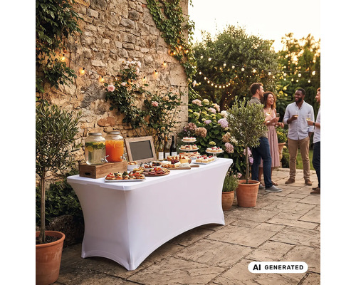 Gartenparty mit Buffet auf einem Stehtisch mit weißer Hussen-Abdeckung vor einer rustikalen Steinmauer mit Lichterkette.