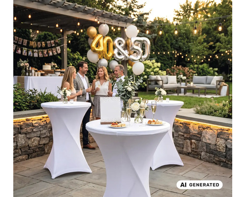 Gartenparty mit Stehtischen in weissen Hussen, Lichterketten und Dekoration zum vierzigsten und fünfzigsten Geburtstag auf einer Steinterrasse.