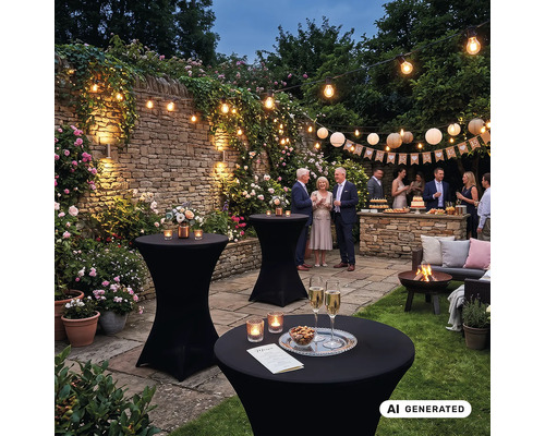 Gartenfeier bei Abenddämmerung mit Stehtischen, Lichterketten, Lampions, Blumen, Steinmauer und Gästen in einer stimmungsvollen Gartenumgebung.