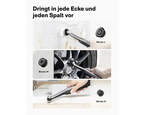 Elektrische Reinigungsbürste mit drei verschiedenen Bürstenaufsätzen für Fliesen Felgen und Waschbecken