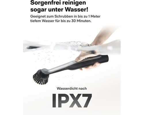 Elektrische Reinigungsbürste, IPX7 wasserdicht, geeignet für Anwendungen unter Wasser bis zu einem Meter Tiefe für dreißig Minuten.