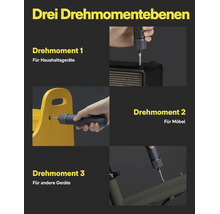 Akkuschrauber mit drei einstellbaren Drehmomentstufen für verschiedene Anwendungen wie Haushaltsgeräte, Möbel und andere Geräte.