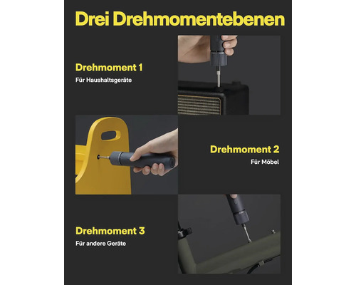 Akkuschrauber mit drei einstellbaren Drehmomentstufen für verschiedene Anwendungen wie Haushaltsgeräte, Möbel und andere Geräte.