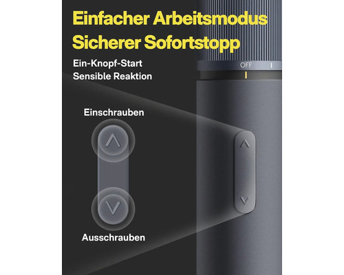 Elektroschrauber mit Tasten für Ein und Ausschrauben sowie Sicherheitsstopp-Funktion