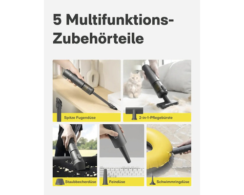 Set mit 5 multifunktionalen Zubehörteilen für einen Handstaubsauger zur Reinigung verschiedener Oberflächen wie Möbel, Polster und Tastaturen.