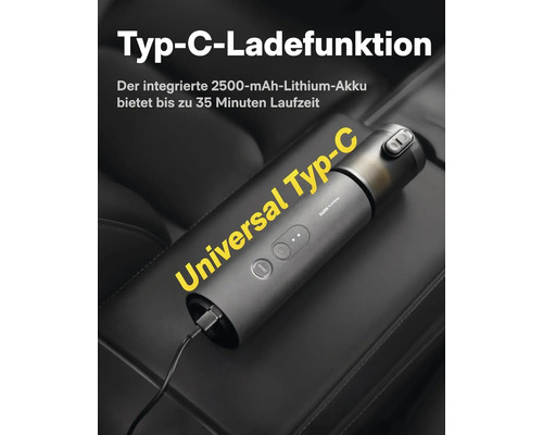 Handstaubsauger mit Typ C Ladefunktion und 2500 Milliamperestunden Lithium Akku mit bis zu 35 Minuten Laufzeit