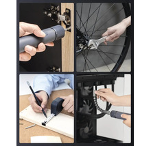 Vier Bilder zeigen die Anwendung von Handwerkzeugen wie Akkuschrauber, Rollgabelschlüssel, Maßband und Stift bei Montage und Heimwerkerarbeiten.