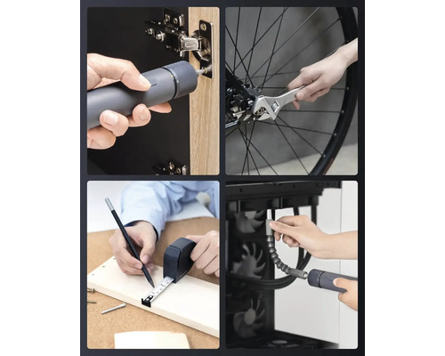 Vier Bilder zeigen die Anwendung von Handwerkzeugen wie Akkuschrauber, Rollgabelschlüssel, Maßband und Stift bei Montage und Heimwerkerarbeiten.