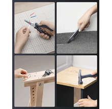 Vier Bilder zeigen die Verwendung von Handwerkzeugen wie einer Kombizange, einem Cuttermesser, einem Inbusschlüssel und einem Hammer bei Arbeiten.