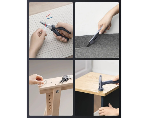 Vier Bilder zeigen die Verwendung von Handwerkzeugen wie einer Kombizange, einem Cuttermesser, einem Inbusschlüssel und einem Hammer bei Arbeiten.
