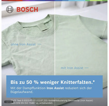 Vergleichsbild eines T-Shirts vor und nach der Anwendung der Bosch Iron Assist Dampffunktion zur Reduzierung von Knitterfalten.