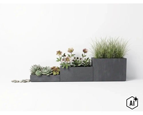 Drei rechteckige Pflanzkübel in abgestuften Höhen bepflanzt mit Sukkulenten, Blumen und Gras. (Image AI modified or generated)