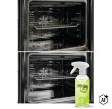 Vorher Nachher Vergleich der Backofenreinigung mit der Rakkuun Backofen und Grillreiniger Sprühflasche (Image AI modified or generated)