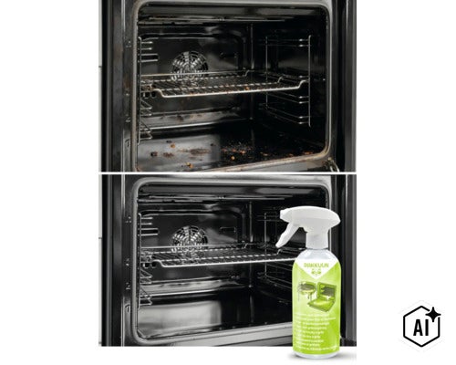 Vorher Nachher Vergleich der Backofenreinigung mit der Rakkuun Backofen und Grillreiniger Sprühflasche (Image AI modified or generated)