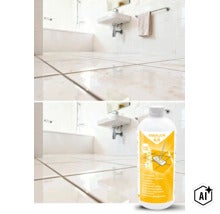 Rakkuun Fliesenreiniger Smart Fluid in einer Flasche vor einem Badezimmer mit glänzenden Fliesen. (Image AI modified or generated)