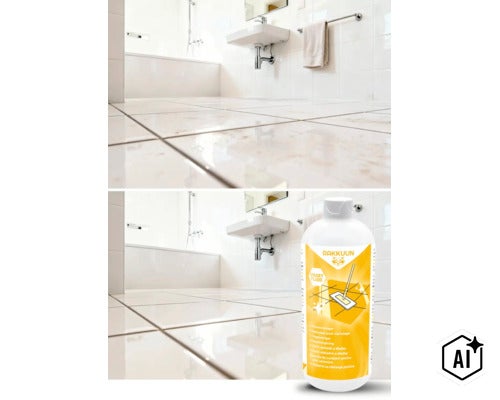 Rakkuun Fliesenreiniger Smart Fluid in einer Flasche vor einem Badezimmer mit glänzenden Fliesen. (Image AI modified or generated)