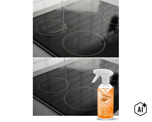 Vorher und Nachher Vergleich eines Kochfeldes mit Rakkuun Küchenentfetter in der Sprühflasche. (Image AI modified or generated)