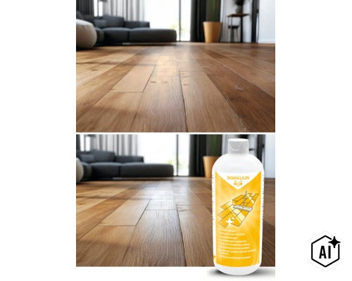 Eine Flasche Rakkuun Laminatreiniger auf einem Parkettboden in einem modern eingerichteten Wohnzimmer. (Image AI modified or generated)