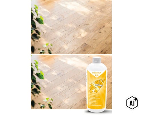 Eine Flasche Rakkuun Parkettreiniger vor einem verlegten Holzboden, der durch Lichteffekte beleuchtet wird. (Image AI modified or generated)