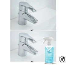 Vorher Nachher Vergleich einer verkalkten und einer gereinigten Waschtischarmatur mit einer Flasche Rakkuun Sanitär und Kalkreiniger. (Image AI modified or generated)