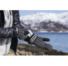 Eine Person mit Strickfäustlingen legt ein Thermopad Handwärmer in den Handschuh vor einer winterlichen Landschaft mit Berg und See.