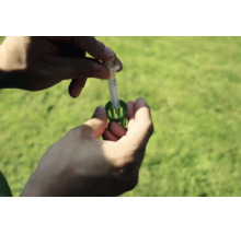 Person führt eine Spritze in einen Dosieradapter für Pflanzen ein