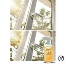 Eine Flasche Rakkuun Glasreiniger mit Sprühkopf vor einem Fenster mit schmutziger und gereinigter Scheibe im direkten Vergleich. (Image AI modified or generated)