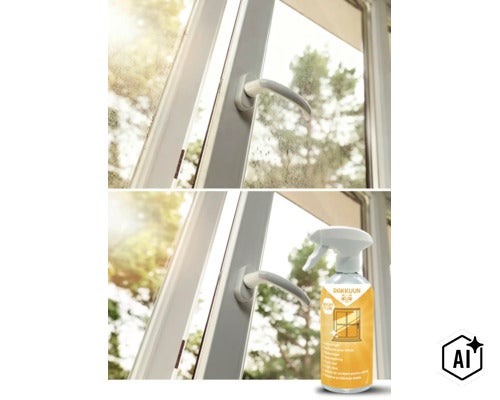 Eine Flasche Rakkuun Glasreiniger mit Sprühkopf vor einem Fenster mit schmutziger und gereinigter Scheibe im direkten Vergleich. (Image AI modified or generated)